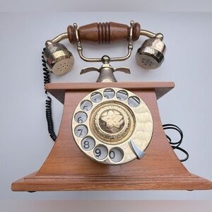 Vintage Rotary Dial Telephone with Wood and Brass